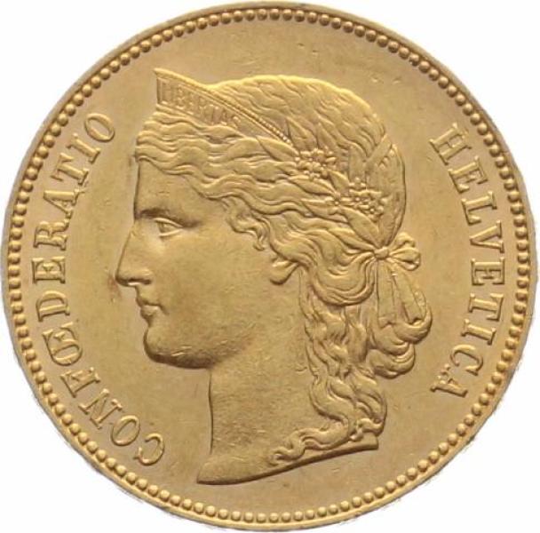 20 Franken 1891 B Goldhelvetia aus 900er-Gold – historische Schweizer Goldmünze aus dem Jubiläumsjahr 600 Jahre Eidgenossenschaft, Auflage 100'000 Exemplare.
